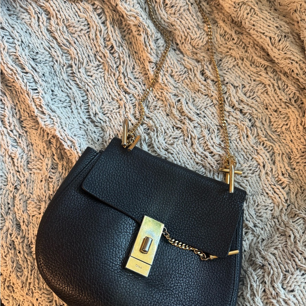 Chloe Drew Black Leather Crossbody Bag with Gold Chain
